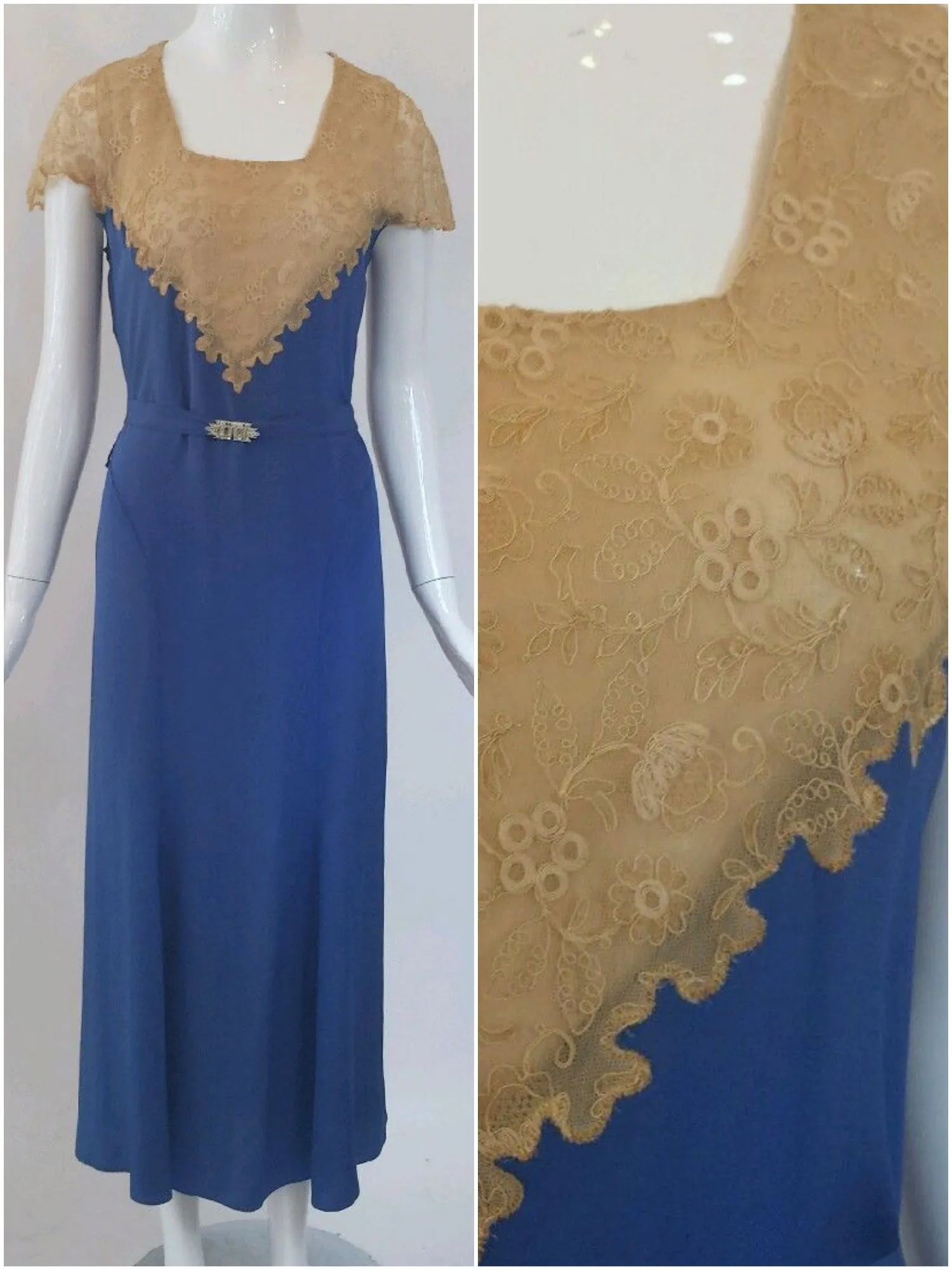 30s Dress in Cornflower Blue With Lace - sm, med