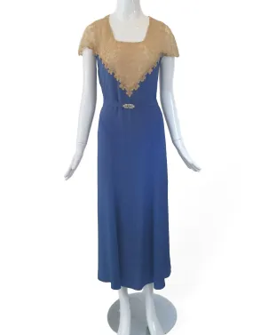 30s Dress in Cornflower Blue With Lace - sm, med