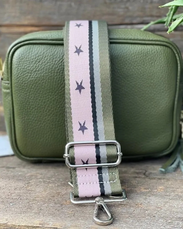 Bag Strap - Pale Pink And Olive Stars Print