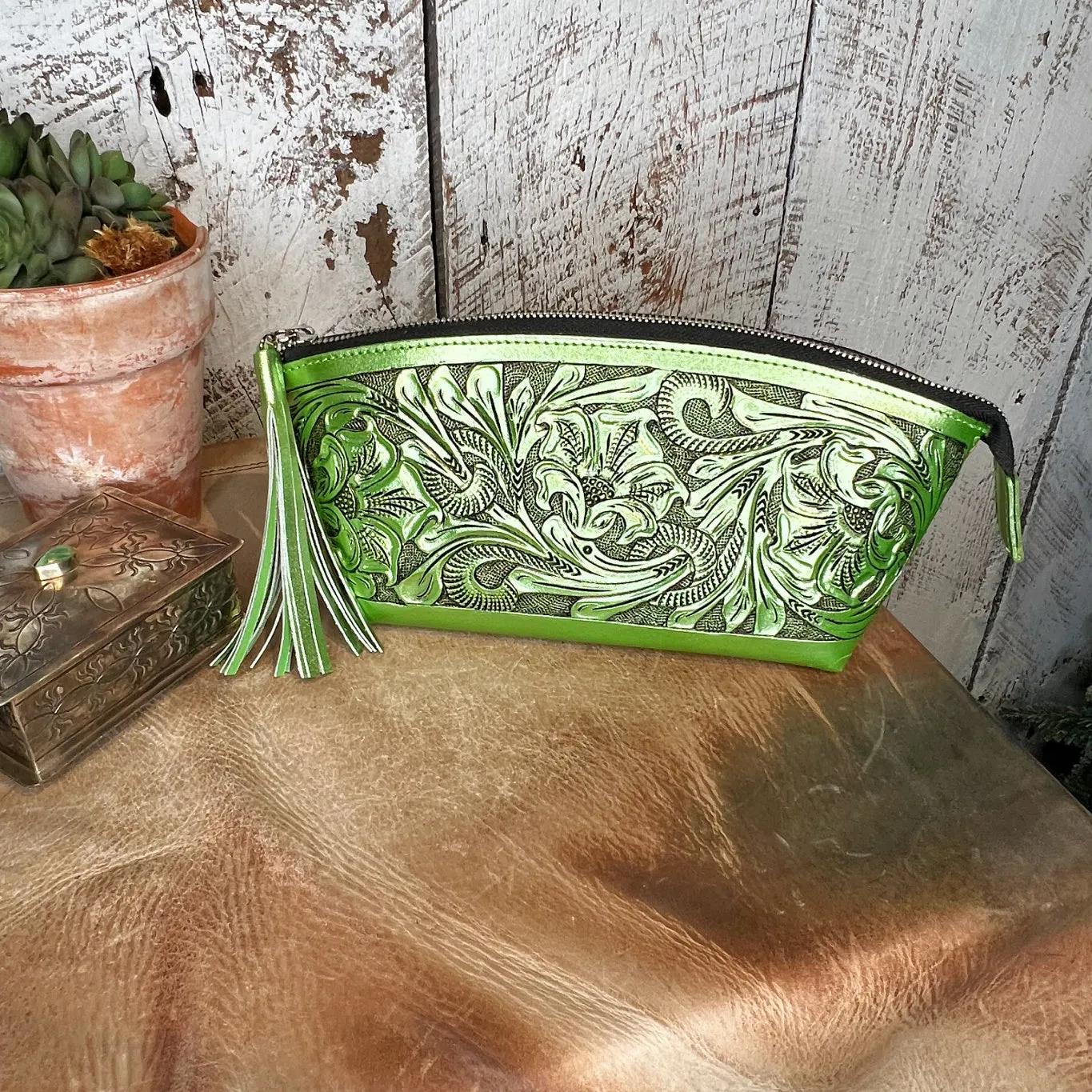 Cosmetica Chica Tooled Leather in Metallic Green -Cosmetic Tote