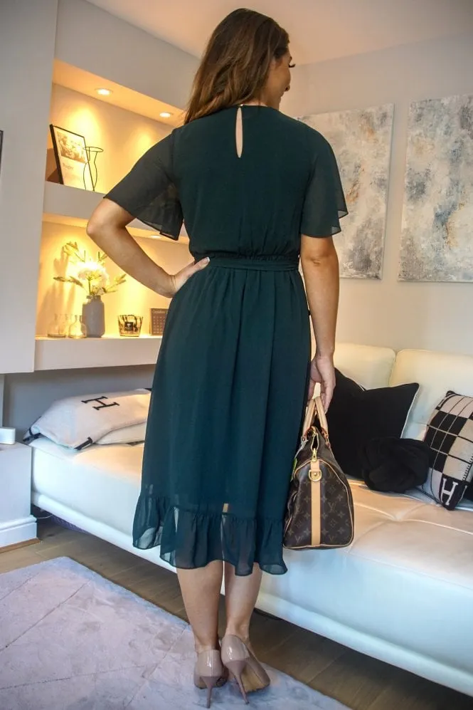 Double Second Green Chiffon Wrap Dress With Tea Sleeve