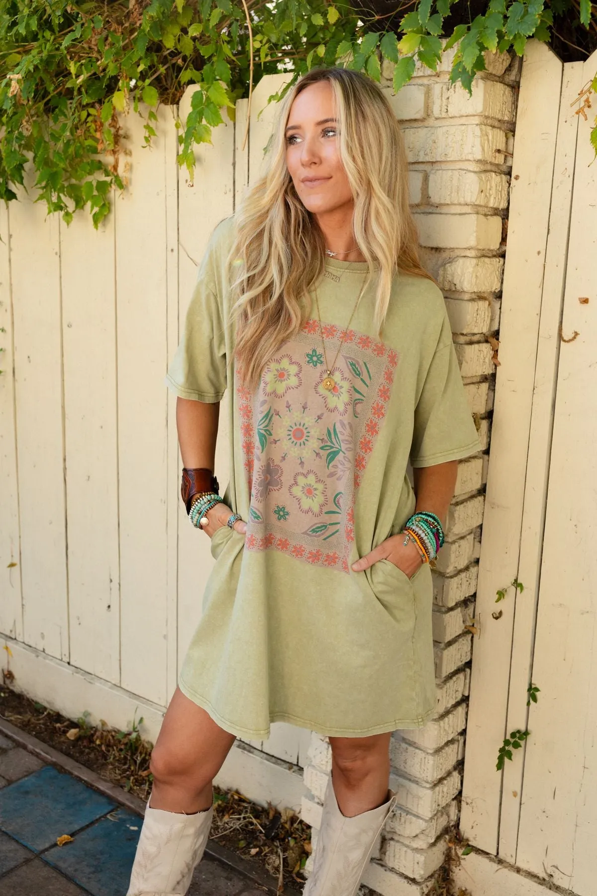 Fall Blossoms Tee Dress - Sage