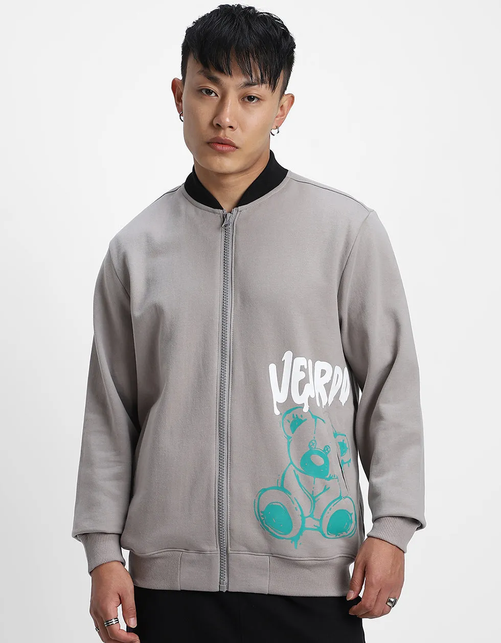 Grey Back Graphic Printed Varsity Jacket