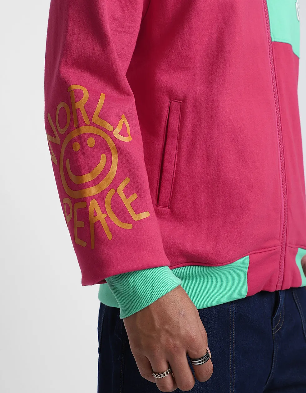 Magenta Back Typographic Printed Varsity Jacket