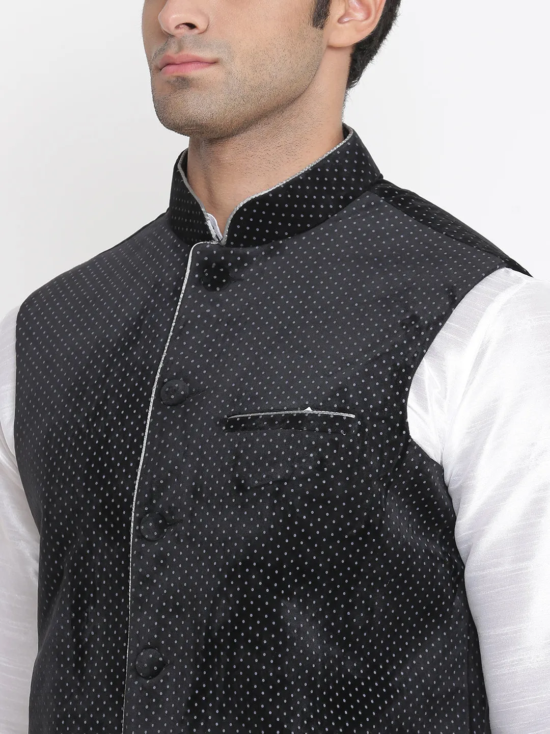 Men's Silk Blend Kurta And Pyjama With Black Polka Nehru Jacket