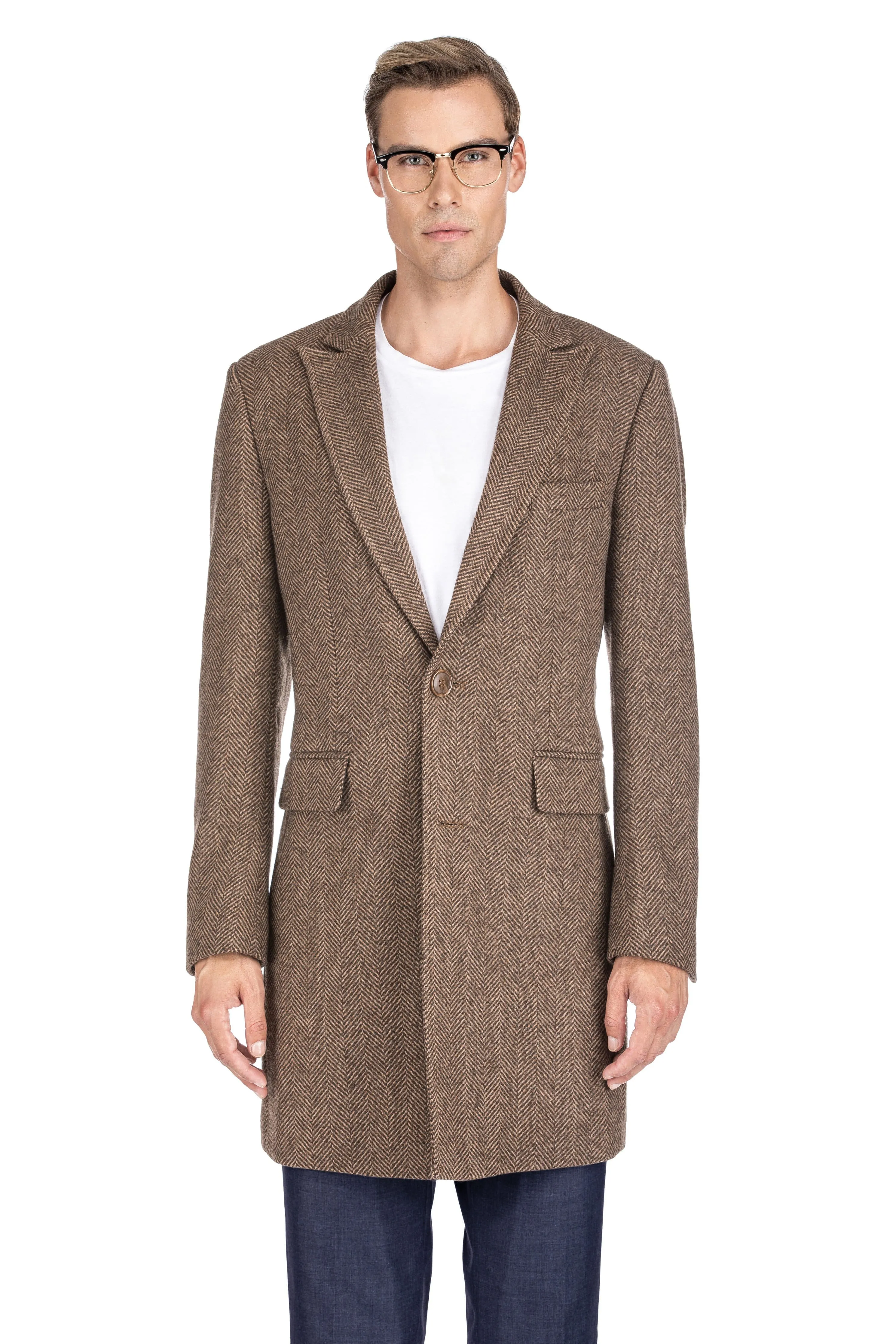 Men's Wool Blend Herringbone Top Coat Overcoat Topcoat Jacket