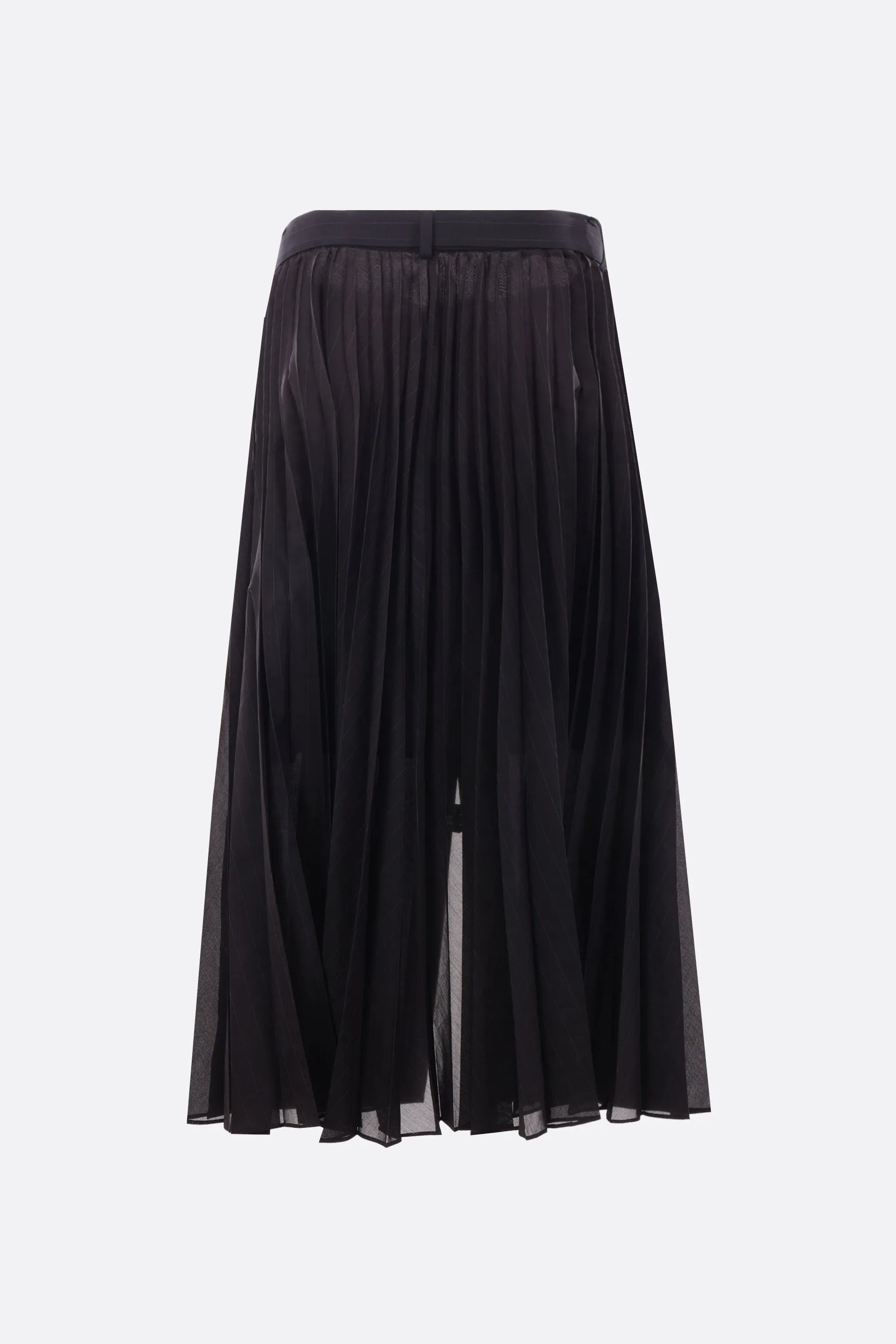 pinstriped wool blend midi skirt with pleated panel