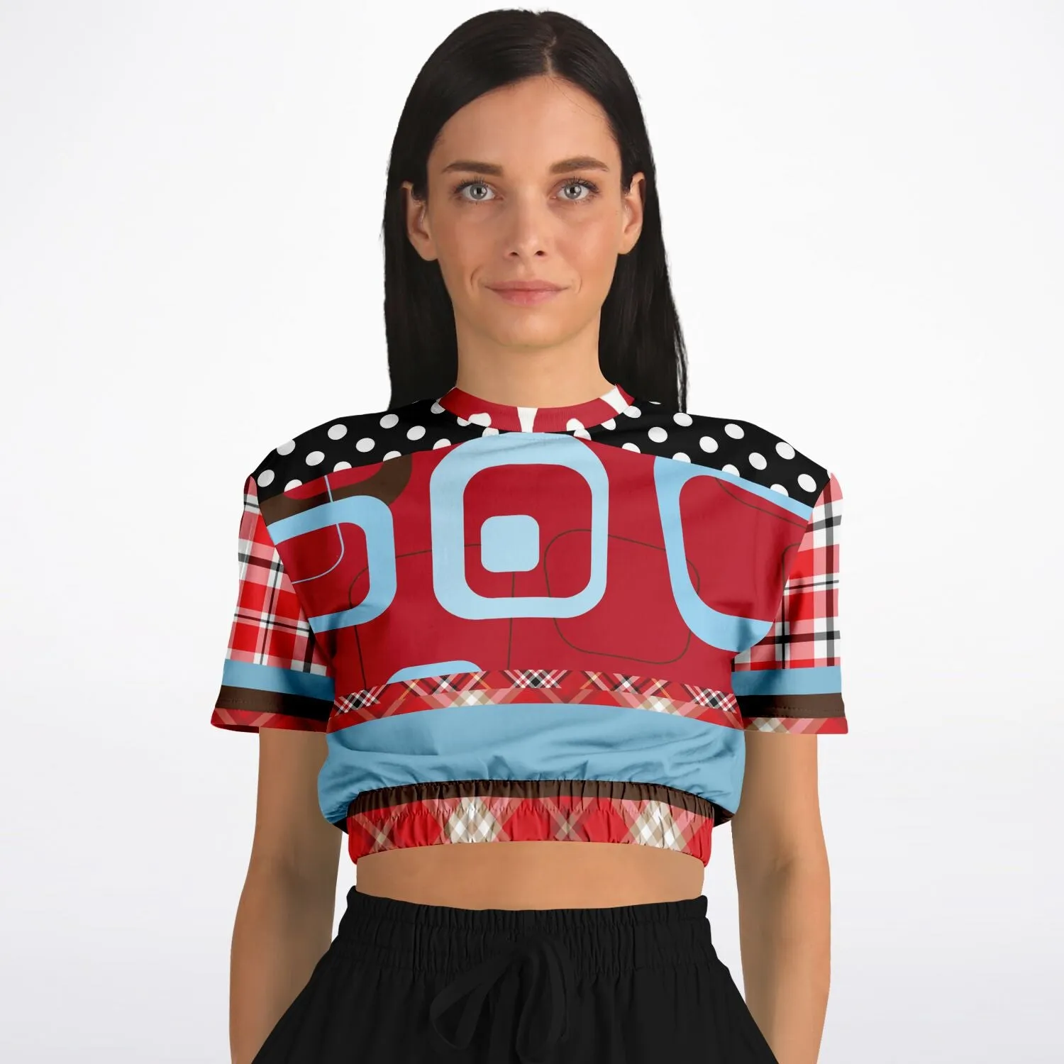 Red Pacific Palisades Plaid Short Sleeve Cropped Eco-Poly Sweater