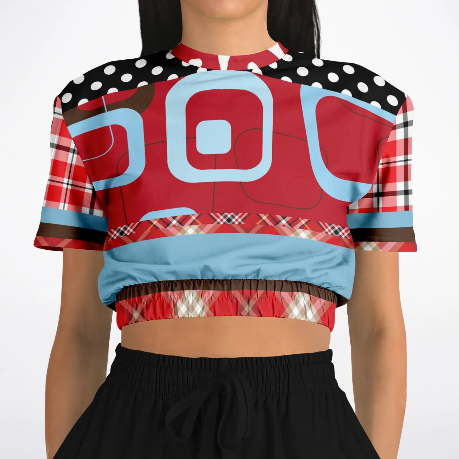 Red Pacific Palisades Plaid Short Sleeve Cropped Eco-Poly Sweater