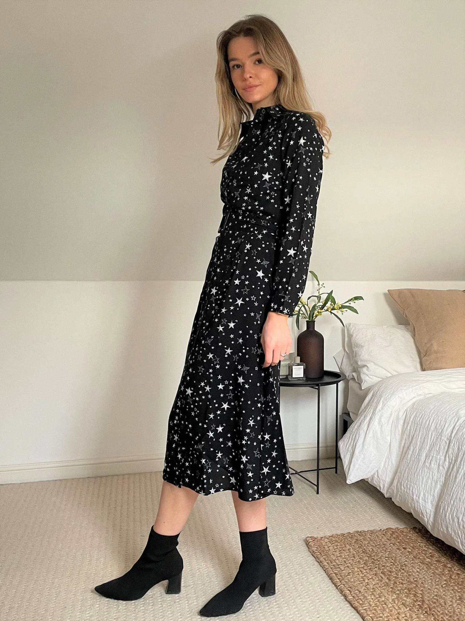 Slaytwins Dana Star Print Midi Shirt Dress- Black