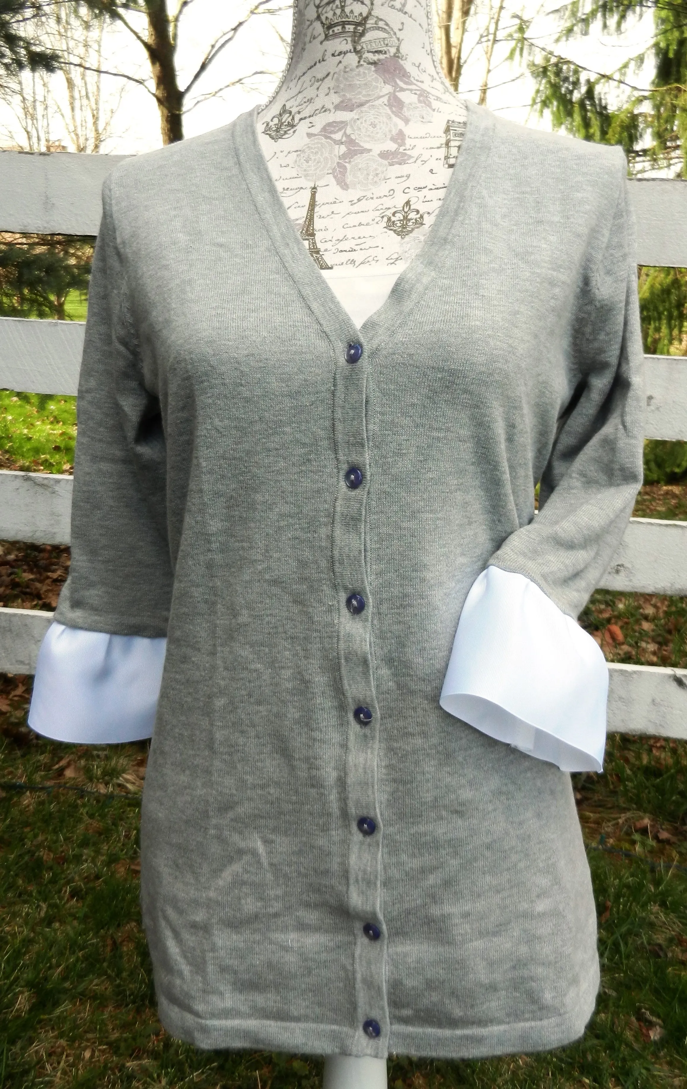 Wednesday Cardigan Grey w White Grosgrain 3/4 Sleeve - (WCGrey-White)